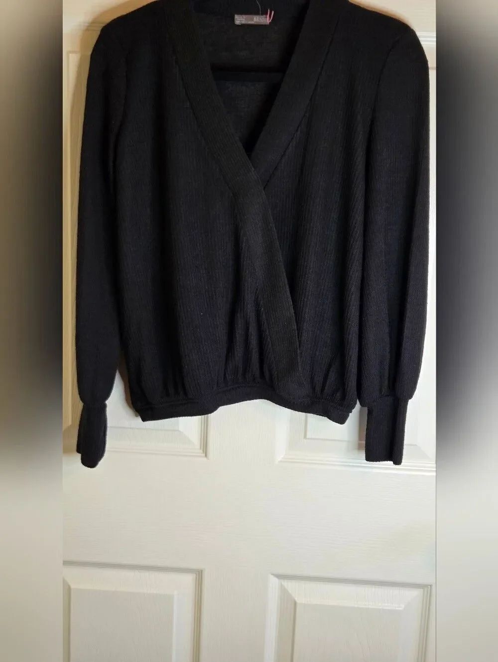 Zara S Black Faux Wrap Lslv Knit Ribbed V-neck Sheer Women Top Sweater